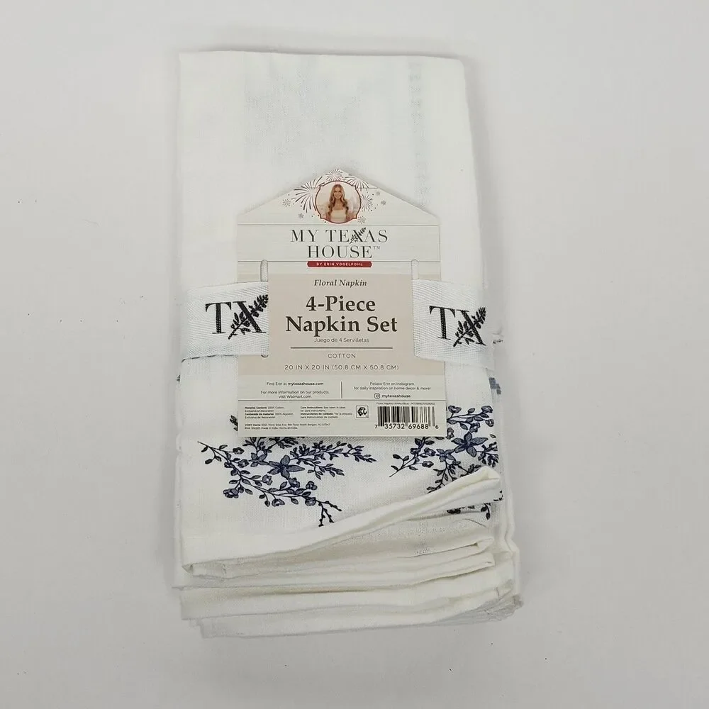 My Texas House Floral Napkin Set 4-Piece White Blue Cotton 20x20 Dinner Napkins